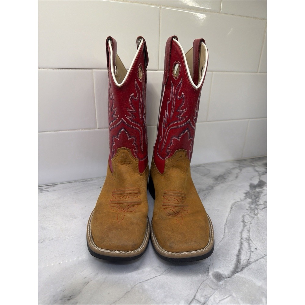 Old West Kids Unisex Brn/Red Leather Western Boot SquareToe Sz 1.5-D BSC1883